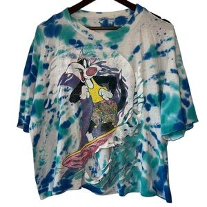 VTG Surfin’ Sylvester 1993 Jerry Leigh Tie Dye Thrashed Rips Cropped Tee Sz XL